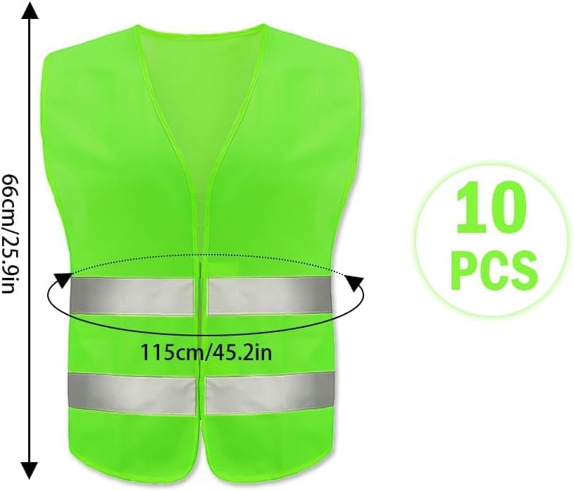 10PCS Safety Vests, Reflective High Visibility Vests, Hi Vis Safety Vests, High Vis Jacket with 2 Reflective Strips, for Traffic Work, Running, Surveyor and Security Guard (Universal Size)