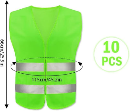 10PCS Safety Vests, Reflective High Visibility Vests, Hi Vis Safety Vests, High Vis Jacket with 2 Reflective Strips, for Traffic Work, Running, Surveyor and Security Guard (Universal Size)