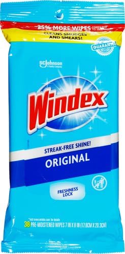 Windex Wipes Glass Cleaning, Pre-Moistened Glass and Surface Wipes to Clean Home Surfaces, Household Essentials, Original Scent, 38 Count (Pack of 1)