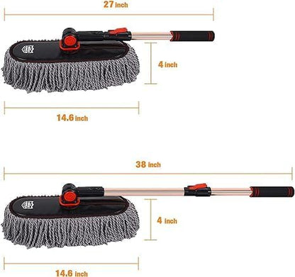 Car Duster Exterior with Extendable Handle, Scratch Free Auto Wash Brush Mop, Interior Detailing Kit for Truck RV Boat - Wax Cotton Duster & Interior Brush, Red