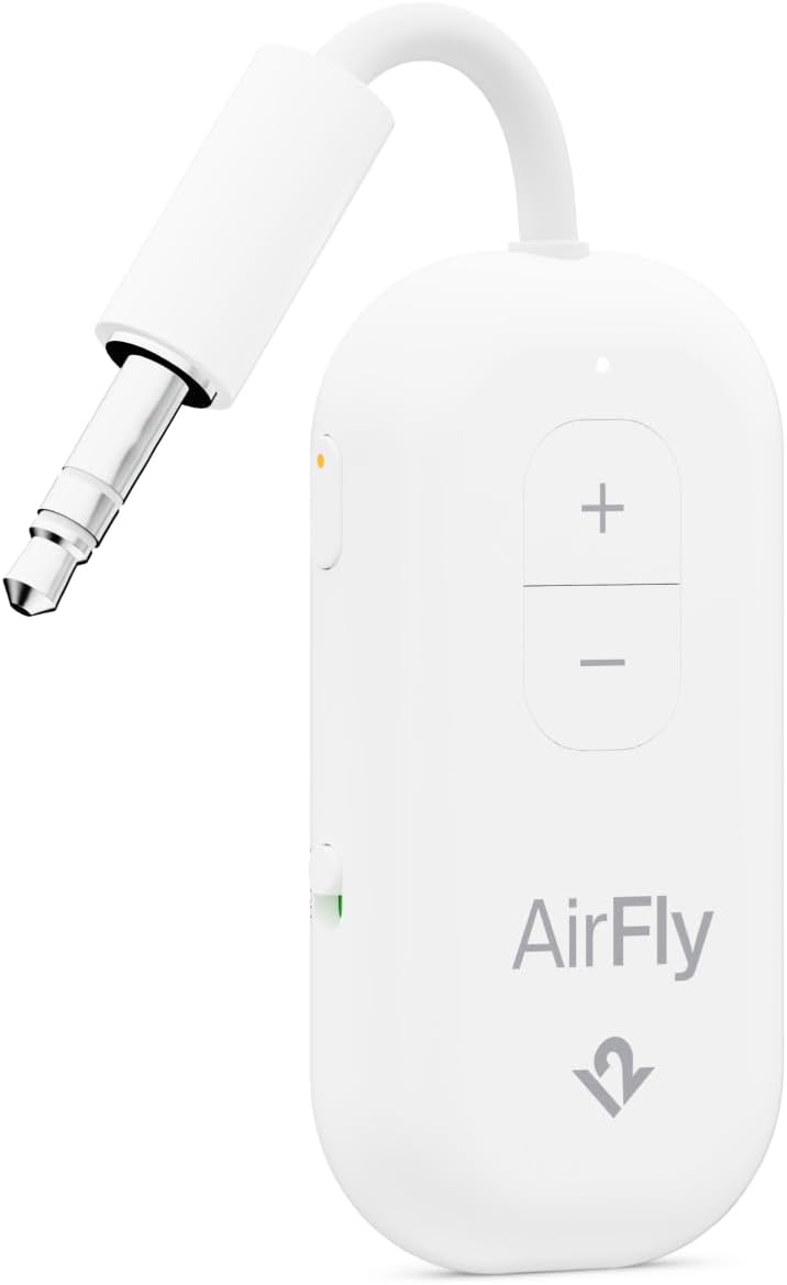 AirFly Pro 2 Deluxe – Bluetooth Adapter for Airplane, Pair 2 AirPods or Wireless Headphones – 3.5mm AUX Bluetooth Transmitter/Receiver for Cars, Boats, Treadmills, TVs – Airplane Travel Essentials