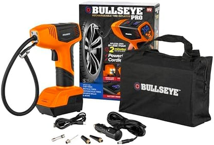 BULLSEYE PRO Tire Inflator with Pressure Gauge, Compact and Portable, Automatic Shut Off, 150 PSI Max, USB Home Rechargeable and Cord for Vehicular Use As Seen On TV (9475)