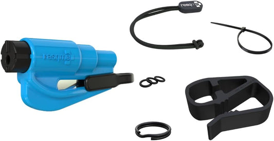 Resqme Accessory Pack The Original Emergency Keychain Car Escape Tool, 2-in-1 Seatbelt Cutter and Window Breaker, Made in USA With Visor Clip, Lanyard, Keyring and Cable Tie - Blue