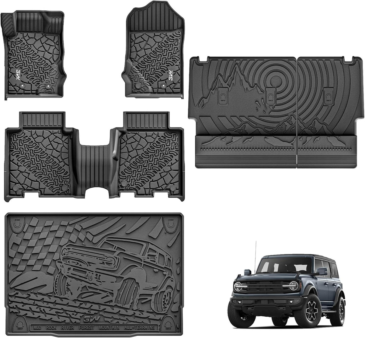 Floor Mats & Cargo Liner & Back Seat Cover for 2021-2026 Bronco 4 Door - Colors B