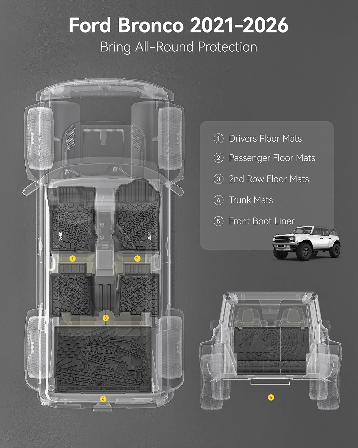 Floor Mats & Cargo Liner & Back Seat Cover for 2021-2026 Bronco 4 Door - Colors B