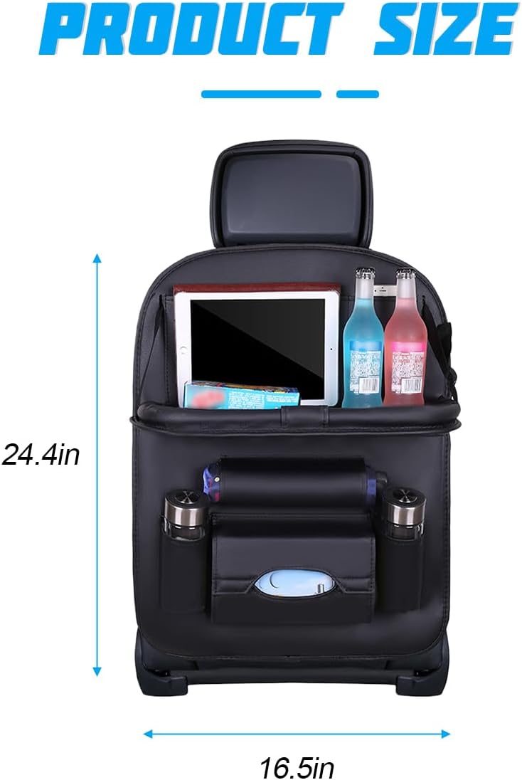 Car Seat Back Organizer, Leather Vehicle Seatback Storage Pocket with Foldable Table Tray, Multifunctional Automotive Backseat Protectors Kick Mats Accessories, Universal Fit (Brown)