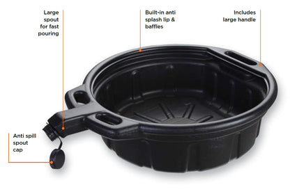 Groz 15 Quart Oil Drain Pan with Wheels & O-Ring Seal - 8" Wide Opening, Catch Basket, Leak-Proof Spout for Trucks, Cars, Fleet Maintenance (41966)