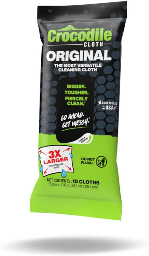 Crocodile Cloth Original Cleaning Wipes, Heavy-Duty Multi-Surface Hand & Tool Wipes, Water-Based, Safe on Skin, 100 Count, 15 x 10 Inch