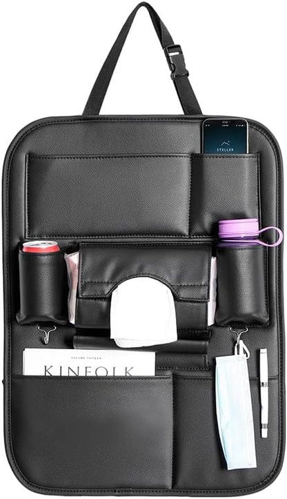 2 Pack PU Leather Premium Car SeatBack Organizer Travel Accessories Kick mats Back seat Protector and Cup Holder Holder Universal Use Seat Covers (23×17 in)