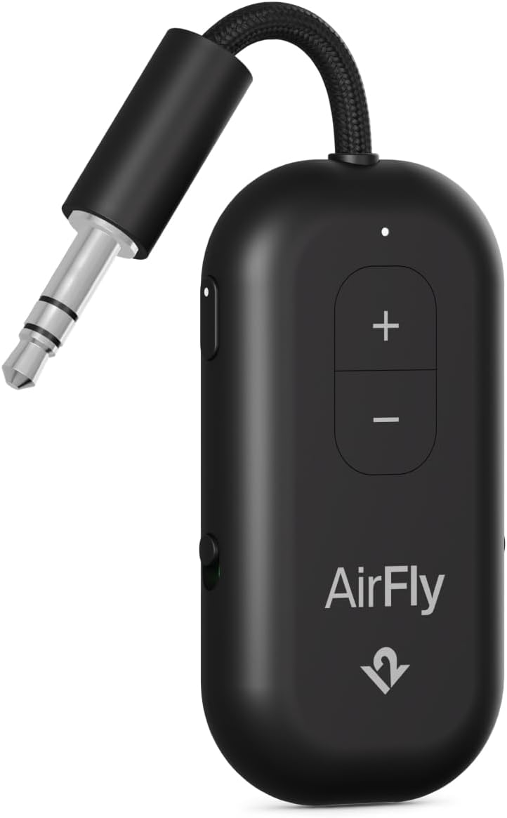 AirFly Pro 2 Deluxe – Bluetooth Adapter for Airplane, Pair 2 AirPods or Wireless Headphones – 3.5mm AUX Bluetooth Transmitter/Receiver for Cars, Boats, Treadmills, TVs – Airplane Travel Essentials