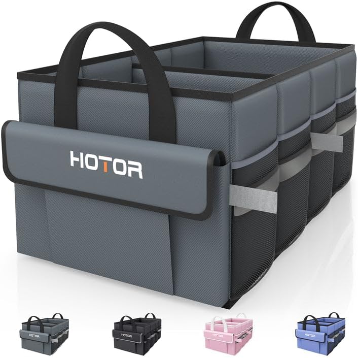 HOTOR Trunk Organizer - Car Organizer with 5 Pockets, Trunk organizer for SUV, Sedan & Van, Car Organization with Sturdy Base Panel for Car Accessories, Black, 2 Compartments, 21.3"×12.6"×10.6"