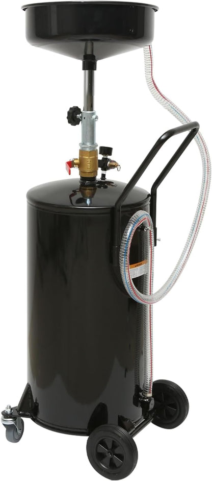 MaxWorks 50964 9-Gallon Portable Waste Oil Drain, Industrial Fluid Drain Square Tank with Wheels and Adjustable Funnel Height. Red.