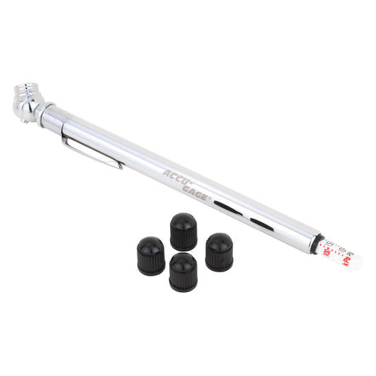 Accu-Gage Pencil Tire Pressure Gauge (10-75 PSI) Heavy Duty Stainless Steel High Pressure Gauge Single Head Air Chuck wi/Built-in Deflator, 4 Replacement Tire Valve Caps