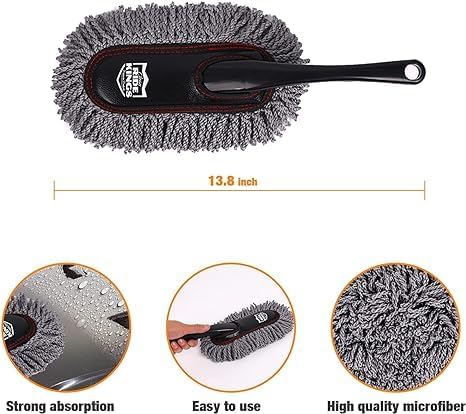 Car Duster Exterior with Extendable Handle, Scratch Free Auto Wash Brush Mop, Interior Detailing Kit for Truck RV Boat - Wax Cotton Duster & Interior Brush, Red