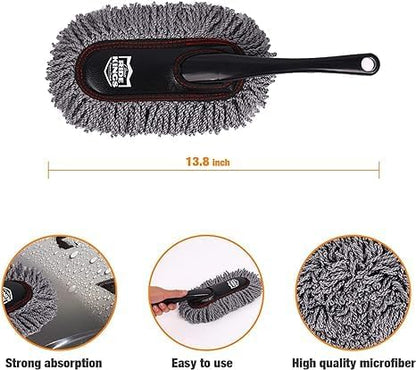 Car Duster Exterior with Extendable Handle, Scratch Free Auto Wash Brush Mop, Interior Detailing Kit for Truck RV Boat - Wax Cotton Duster & Interior Brush, Red