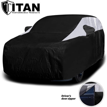 Titan Jet Black Poly 210T Car Cover for Sedans 186-202". Waterproof, UV Protection, Scratch Resistant, Driver-Side Zippered Opening. Fits Camry, Accord and More.