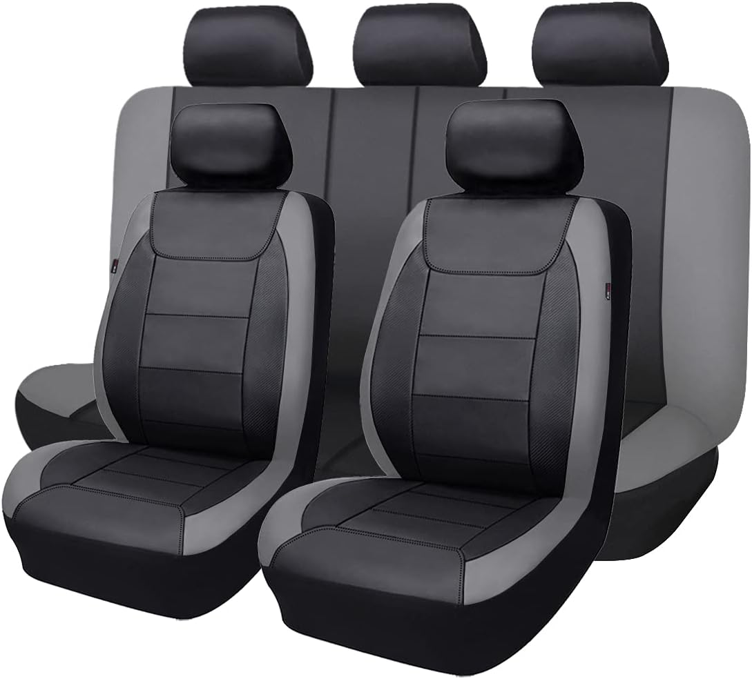 Flying Banner Carbon Fiber Leather Vehicle Seat Covers, Leopard Gray Black, Universal Fit - 8PCS