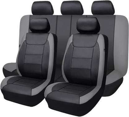 Flying Banner Carbon Fiber Leather Vehicle Seat Covers, Leopard Gray Black, Universal Fit - 8PCS