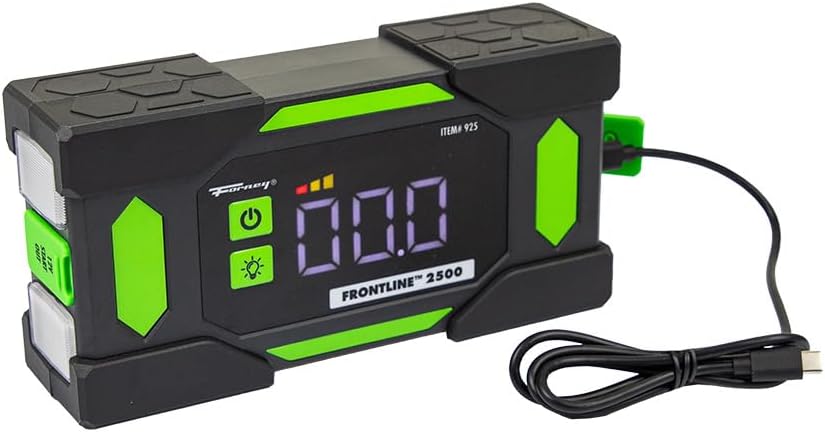 Forney Frontline 2500 Lithium Jump Starter Power Bank | 2500 peak amps 12V battery booster for gas and diesel engines. Features 60W USB C power delivery and a built in flashlight.