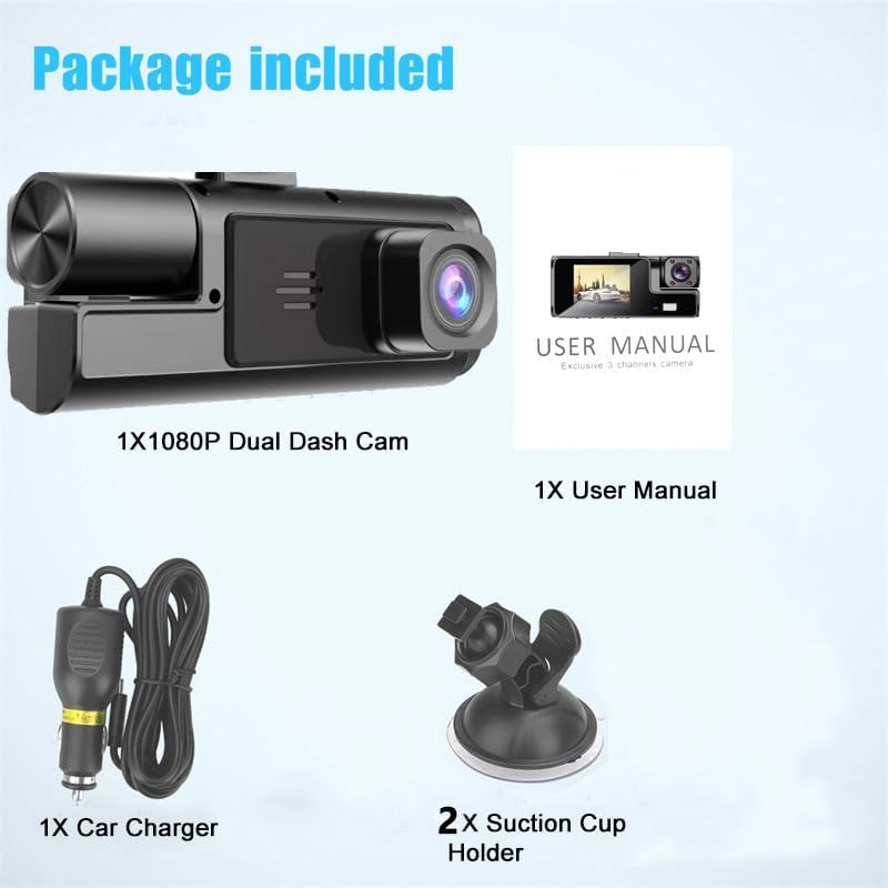 1080P Dual Dash Camera for Car Front and Inside Dashcam Car Security Video Recorder,170°Wide Angle Vehicle Cam,WDR,G-Sensor,2’’ IPS Screen,Loop Recording,Night Vision (Dual Dash Cam Without Card)