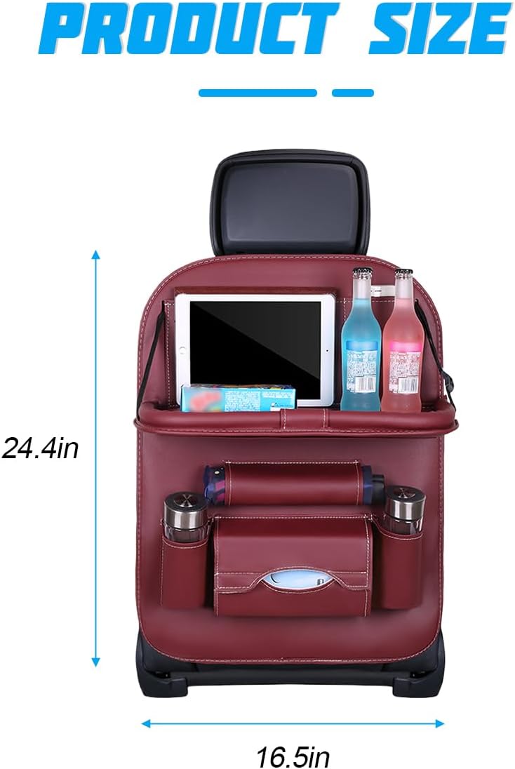 Car Seat Back Organizer, Leather Vehicle Seatback Storage Pocket with Foldable Table Tray, Multifunctional Automotive Backseat Protectors Kick Mats Accessories, Universal Fit (Brown)