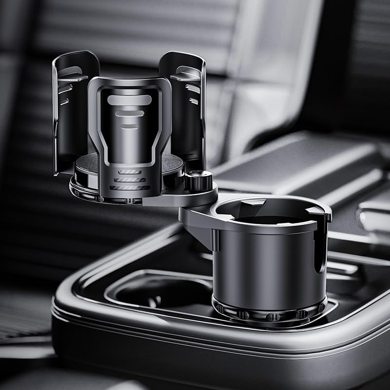 Upgrade Dual Cup Holder Expander, 2 in 1 Multifunction Cup Holder for Car with Lock, 360° Rotating Car Cup Drink Holder with Adjustable Base, Cupholder Expander for Large Water Bottles, Cups
