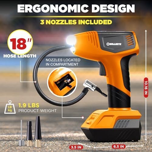 BULLSEYE PRO Tire Inflator with Pressure Gauge, Compact and Portable, Automatic Shut Off, 150 PSI Max, USB Home Rechargeable and Cord for Vehicular Use As Seen On TV (9475)