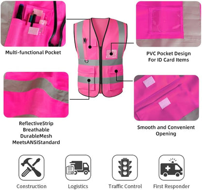 Reflective Safety Vest for Women Men High Visibility Security With Pocket Zipper Front Meet ANSI/ISEA Standard