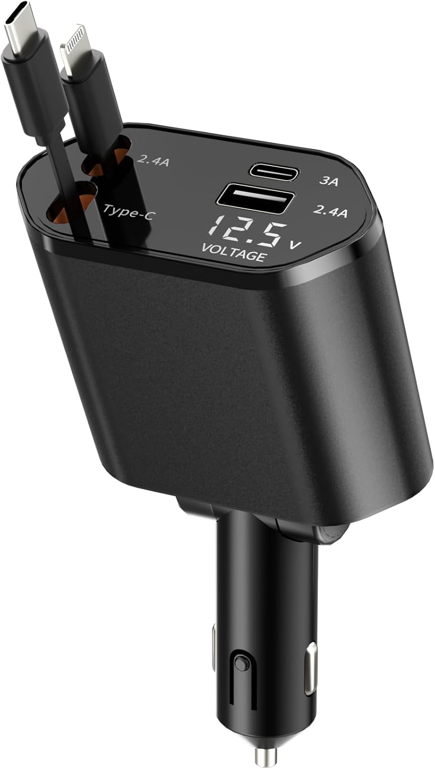 BERTHALESS Retractable Car Charger, 4 in 1 Fast Charging Car Charger with USB-C & USB-A, Compatible with iPhone 17/16/15/14/13/12/11,Galaxy,Pixel,Car Accessories Gifts for Fathers Day,Husband,Men,Dad