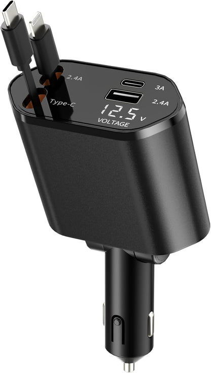 BERTHALESS Retractable Car Charger, 4 in 1 Fast Charging Car Charger with USB-C & USB-A, Compatible with iPhone 17/16/15/14/13/12/11,Galaxy,Pixel,Car Accessories Gifts for Fathers Day,Husband,Men,Dad