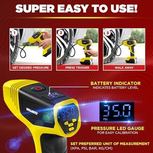BULLSEYE PRO Tire Inflator with Pressure Gauge, Compact and Portable, Automatic Shut Off, 150 PSI Max, USB Home Rechargeable and Cord for Vehicular Use As Seen On TV (9475)