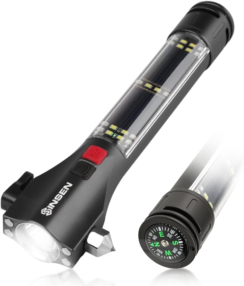 SINSEN Car Safety Hammer Flashlight, Tactical Emergency Rescue Tool, LED High Lumens Rechargeable Solar Powered Escape Kit, Window Glass Breaker and Seatbelt Cutter, Self Defense Multi-Function Torch