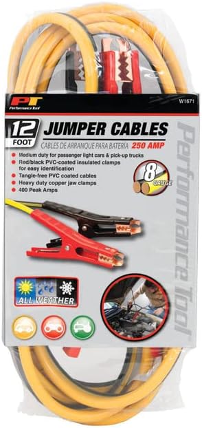Performance Tool W1675 10ft 4GA Lighted Jumper Cables - Tangle-Free, Heavy Duty Clamps, Suitable for Trucks, SUVs, and Other Large Vehicles