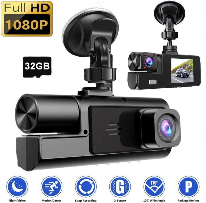 1080P Dual Dash Camera for Car Front and Inside Dashcam Car Security Video Recorder,170°Wide Angle Vehicle Cam,WDR,G-Sensor,2’’ IPS Screen,Loop Recording,Night Vision (Dual Dash Cam Without Card)