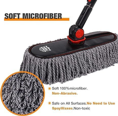 Car Duster Exterior with Extendable Handle, Scratch Free Auto Wash Brush Mop, Interior Detailing Kit for Truck RV Boat - Wax Cotton Duster & Interior Brush, Red