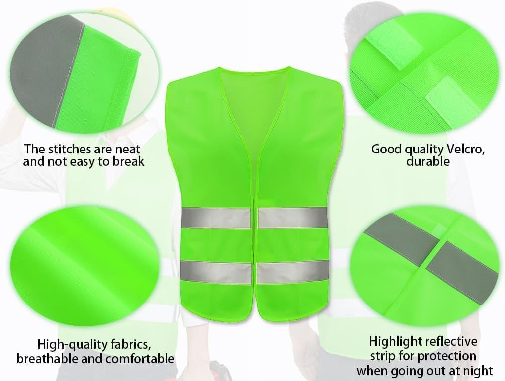 10PCS Safety Vests, Reflective High Visibility Vests, Hi Vis Safety Vests, High Vis Jacket with 2 Reflective Strips, for Traffic Work, Running, Surveyor and Security Guard (Universal Size)