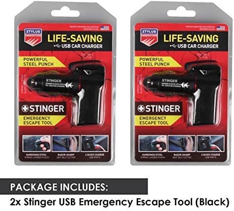 Ztylus Stinger Car Emergency Escape Tool, Spring-Loaded Window Breaker, Car Safety Hammer, Seatbelt Cutter and Window Glass Breaker, USB Car Charger, 2 USB Ports Max 2.4A (Black)