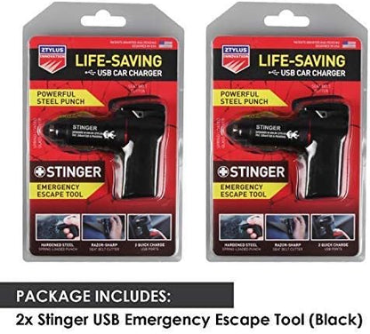 Ztylus Stinger Car Emergency Escape Tool, Spring-Loaded Window Breaker, Car Safety Hammer, Seatbelt Cutter and Window Glass Breaker, USB Car Charger, 2 USB Ports Max 2.4A (Black)