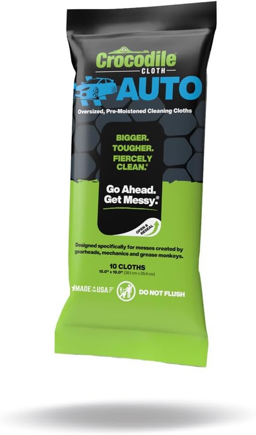 Crocodile Cloth Auto Cleaning Wipes – 100 XL (15" x 10") Disposable Wipes for Car Engine Degreasing, Body Detailing & Tire Cleaning – Cuts Grease, Oil, Adhesives on Hands, Tools, Parts & More