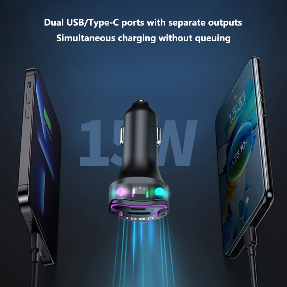Bluetooth 5.3 Car Adapter, PD &QC3.0 Fast Charging FM Radio Transmitter for Car, Radio Bluetooth Receiver, Hands-Free Calling, U Disk & Colorful Light
