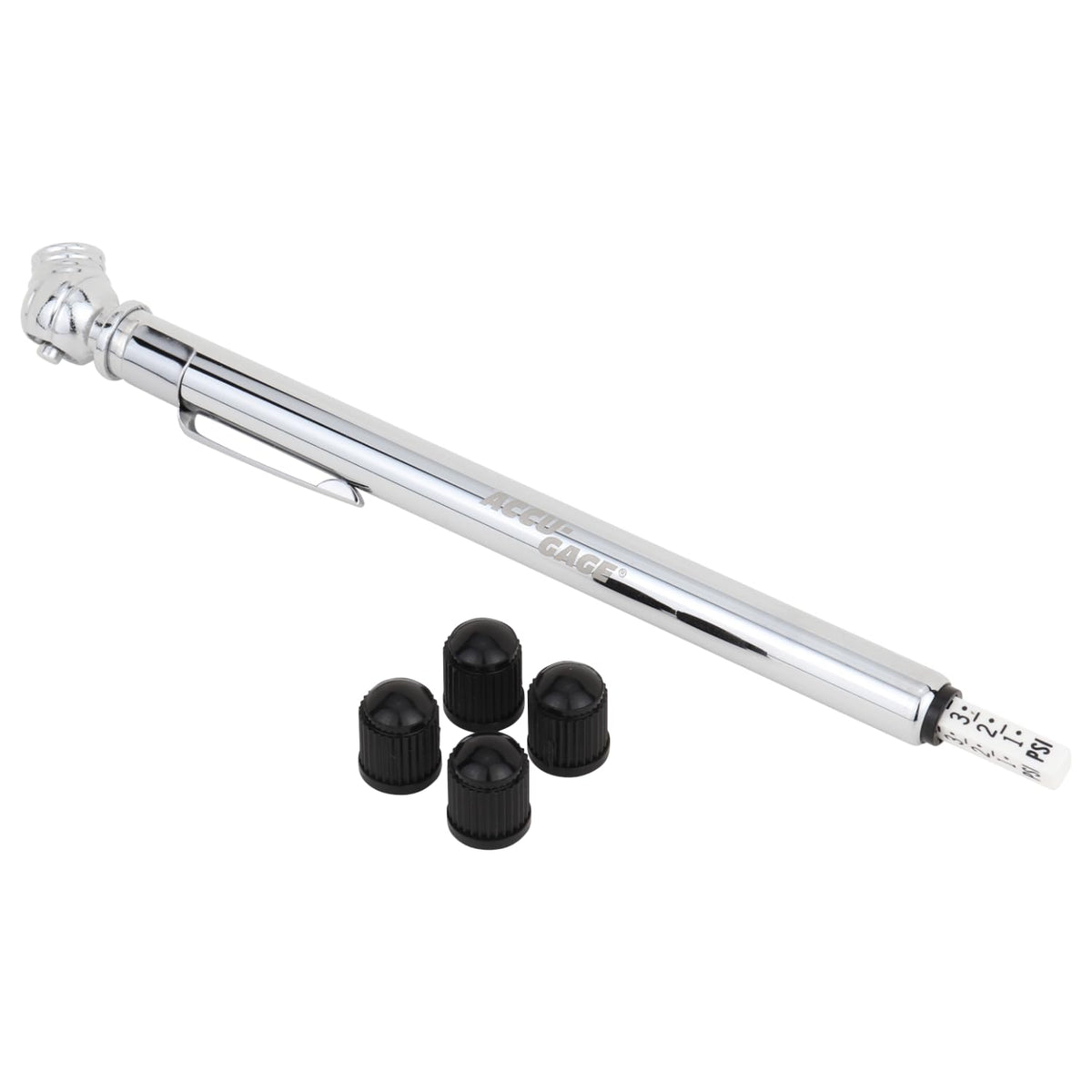 Accu-Gage Pencil Tire Pressure Gauge (2-20 PSI) Heavy Duty Stainless Steel Low Pressure Gauge Single Head Air Chuck wi/Built-in Deflator, 4 Replacement Tire Valve Caps