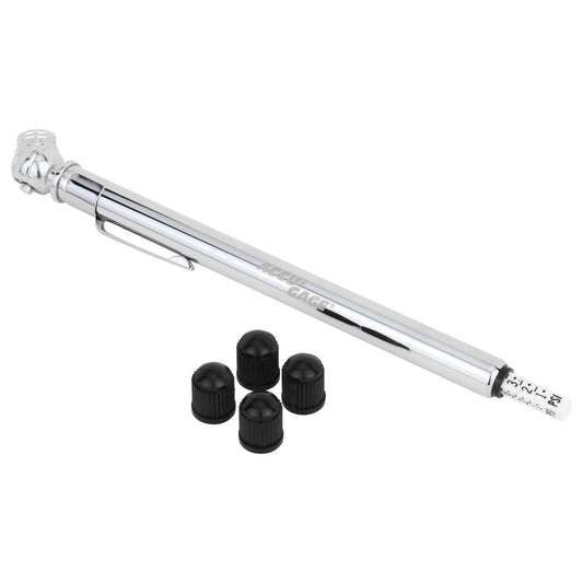 Accu-Gage Pencil Tire Pressure Gauge (2-20 PSI) Heavy Duty Stainless Steel Low Pressure Gauge Single Head Air Chuck wi/Built-in Deflator, 4 Replacement Tire Valve Caps