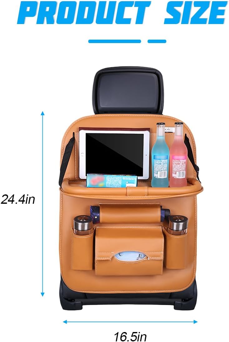 Car Seat Back Organizer, Leather Vehicle Seatback Storage Pocket with Foldable Table Tray, Multifunctional Automotive Backseat Protectors Kick Mats Accessories, Universal Fit (Brown)