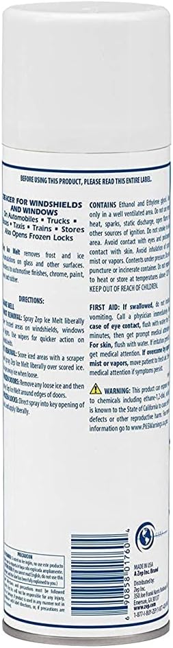 Zep Ice Melt Windshield De-Icer Aerosol - (Pack of 1) 17601 - Instantly Melts Frost and Ice, Fast Acting Formula, Safe on Paint Vinyl and Rubber, No Smearing Residue