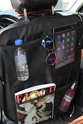 Premium Car Kick Mat and Organizer (2-Pack) – BOGO Waterproof Protection – Mesh Storage – Universal Fit – Protects and Stores Tablets, Toys, and Phones
