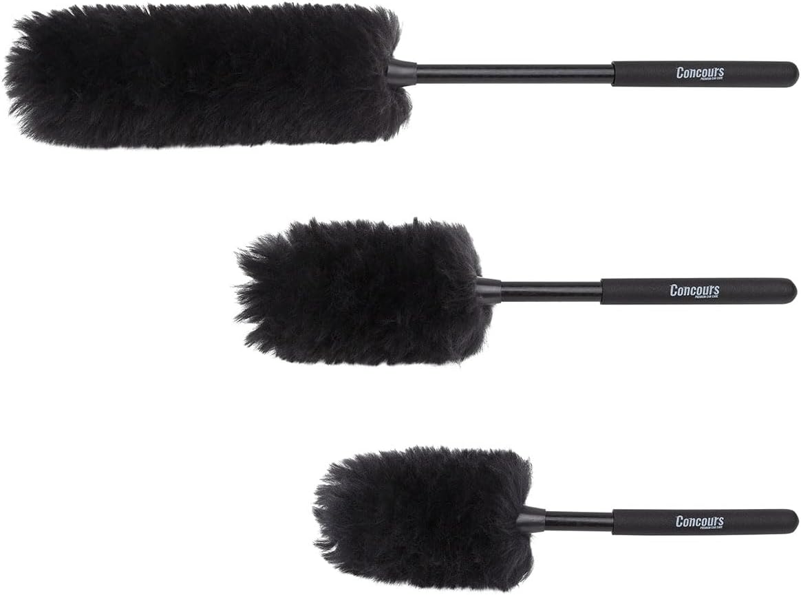 Eastwood Concours Premium Cleaning Woolies | Professional Long Handle Soft Brush for Wheels & Tires, Interior Detailing, and Household Cleaning | Made of 100% Wool and Anti-Scratch on Paint | Set of 3