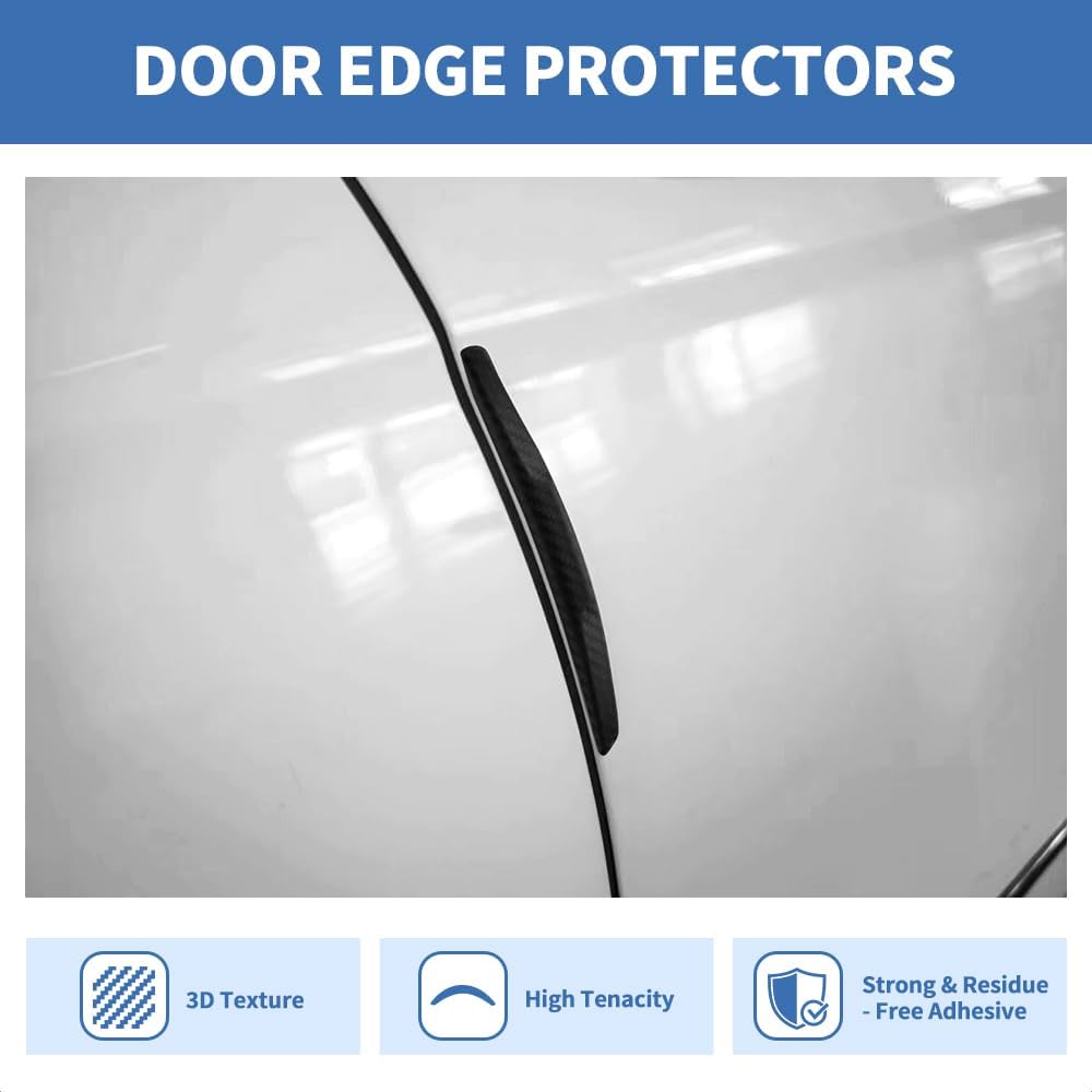 4PCS Car Door Edge Guards Universal 3D Carbon Fiber Texture Anti-Collision Scratch Protector Strips Flexible Silicone Trim with Nano Adhesive for Sedan SUV Truck Black