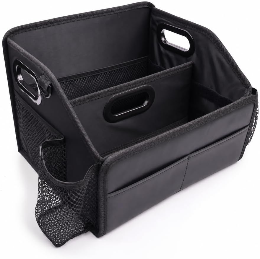 Car Storage Organizer Reinforced Dividable Leather Car Caddy Basket for Front Seat Floor Back Sturdy Frosted Handle 8 Compartments Adjustable Strap Buckles Slip-Resistant (Normal)