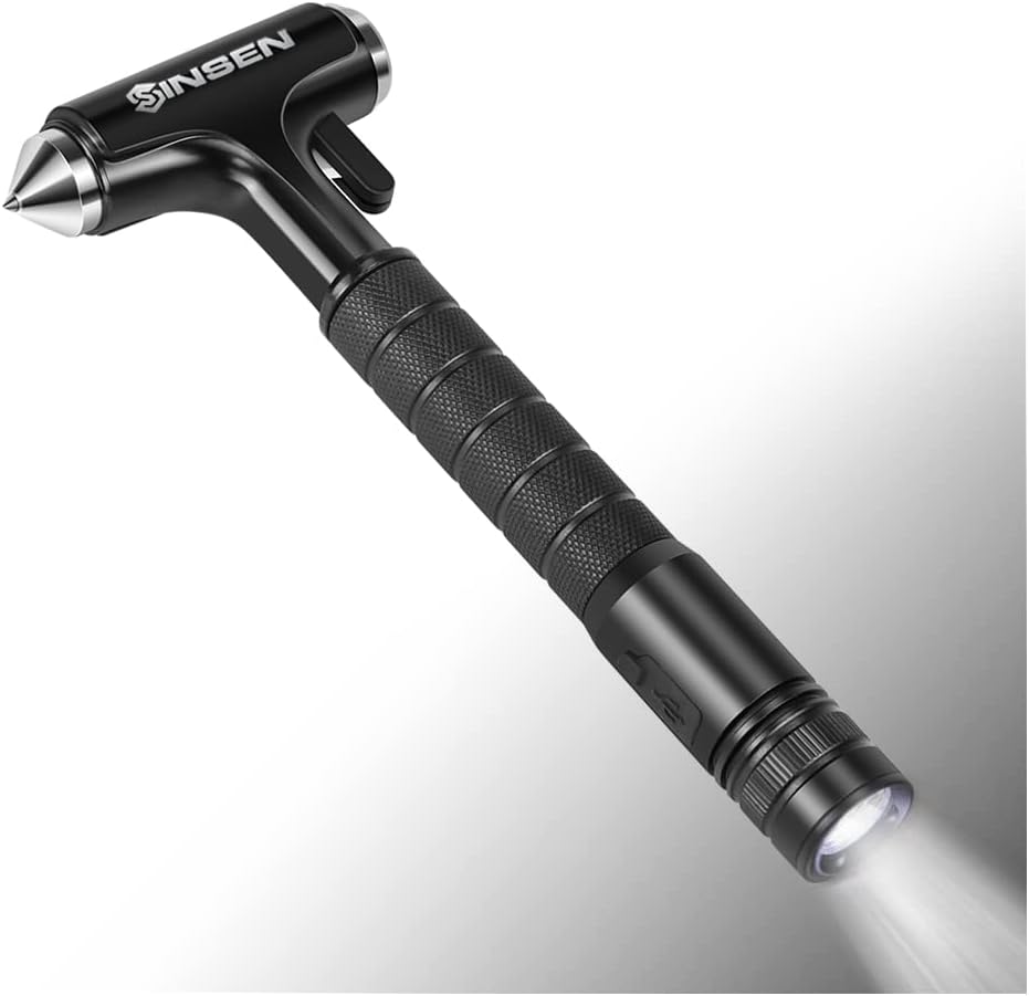 SINSEN Car Safety Hammer Flashlight, Tactical Emergency Rescue Tool, LED High Lumens Rechargeable Solar Powered Escape Kit, Window Glass Breaker and Seatbelt Cutter, Self Defense Multi-Function Torch