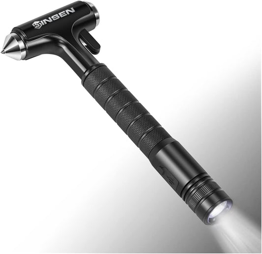 SINSEN Car Safety Hammer Flashlight, Tactical Emergency Rescue Tool, LED High Lumens Rechargeable Solar Powered Escape Kit, Window Glass Breaker and Seatbelt Cutter, Self Defense Multi-Function Torch